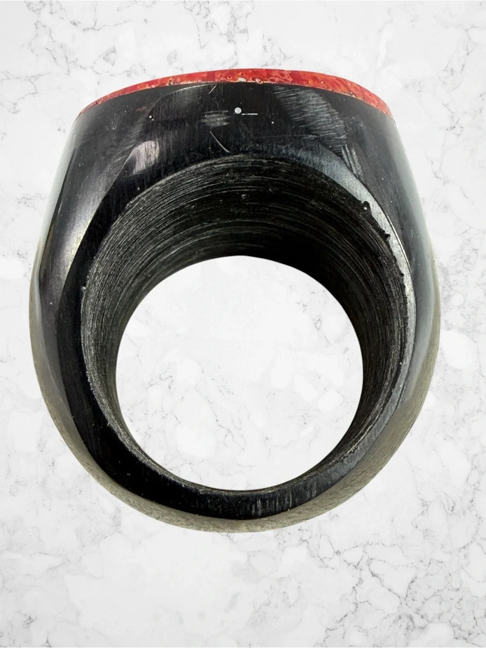 Hand Carved Ring Wood Black Red Burgundy Silver Lacquered Chunky Boho 7.5”